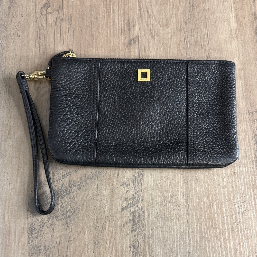 Lodis Black Leather Wristlet Purse Clutch with Gold Detail Hardware